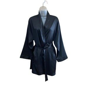 Vintage Victorias Secret Black Satin Kimono Robe With Tie Belt One Size